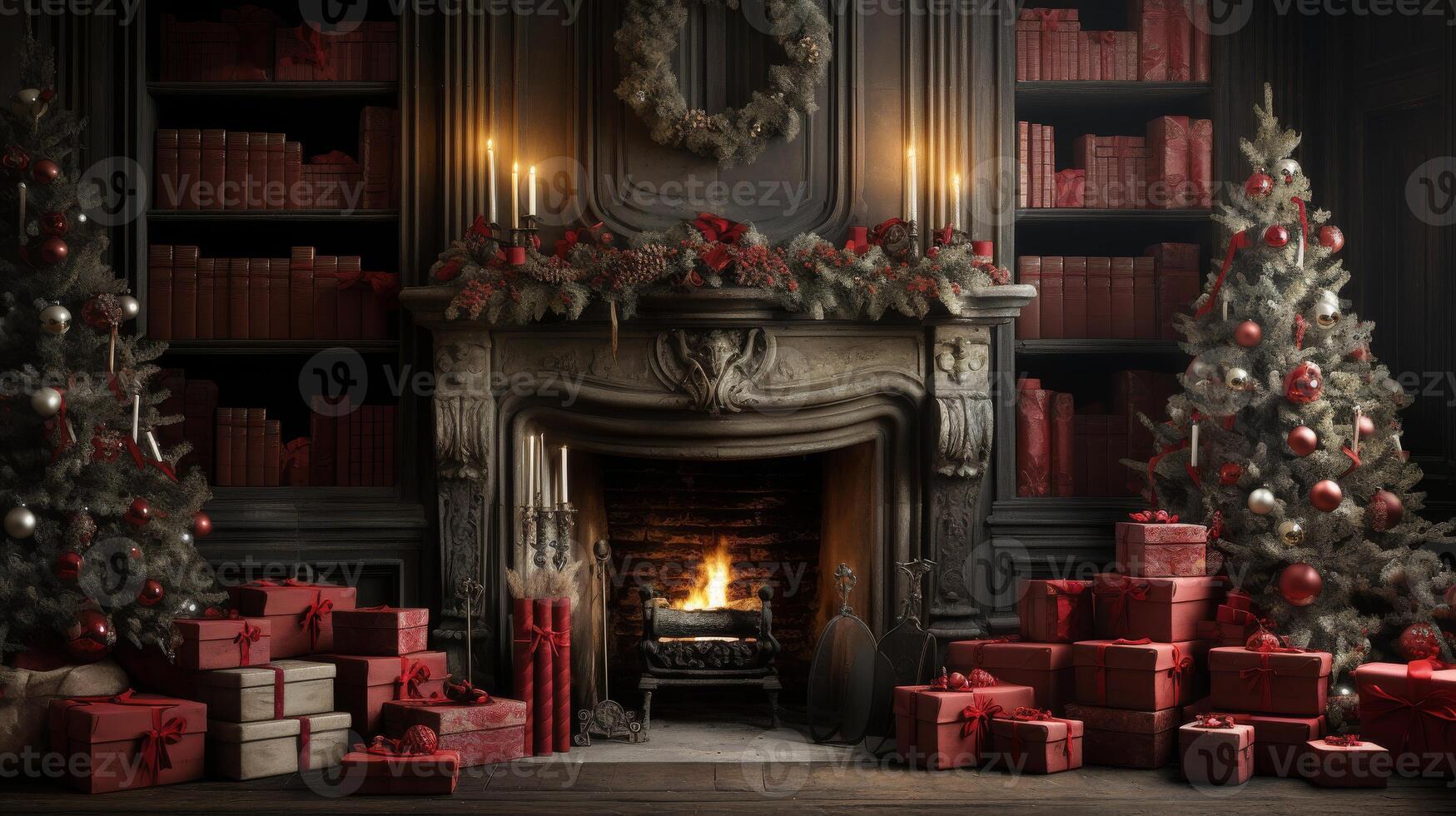 A fireplace with a wreath on it and a Christmas tree in the background photo