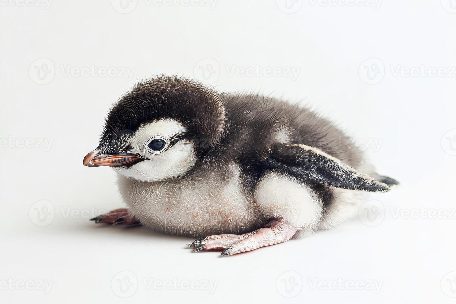 Adorable Baby Penguin Chick Resting on White Background in Studio Photography photo