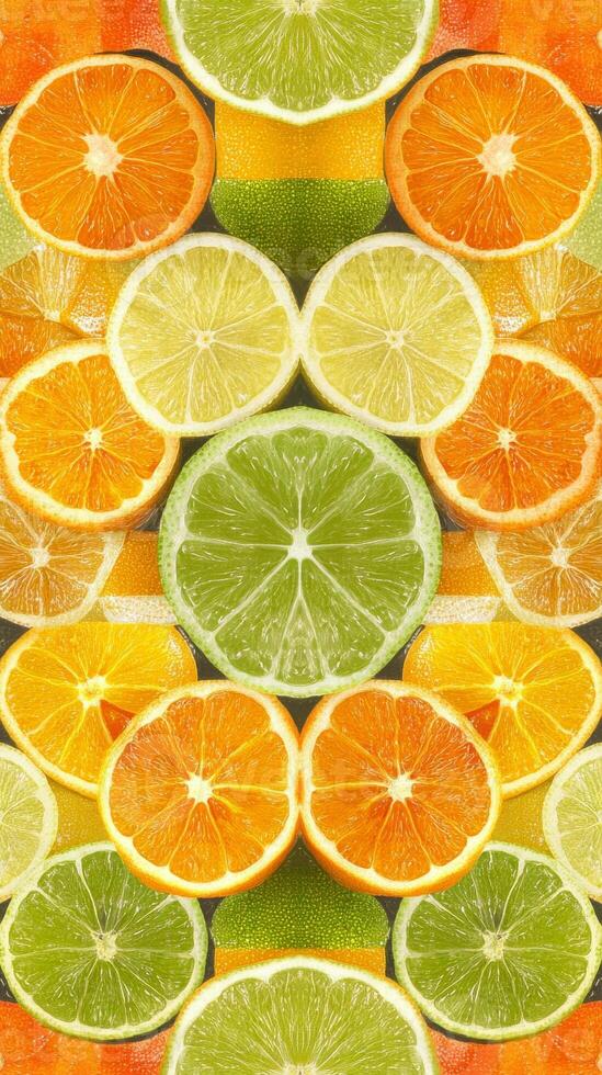 A close up of many oranges and limes photo