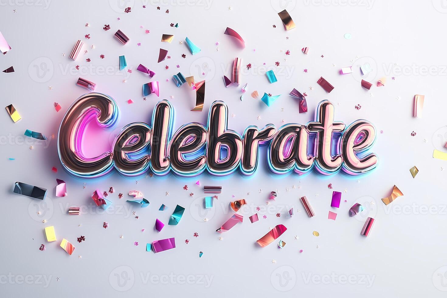 Colorful 3D Celebrate Text with Confetti on White Background for Festive and Joyful Occasions photo