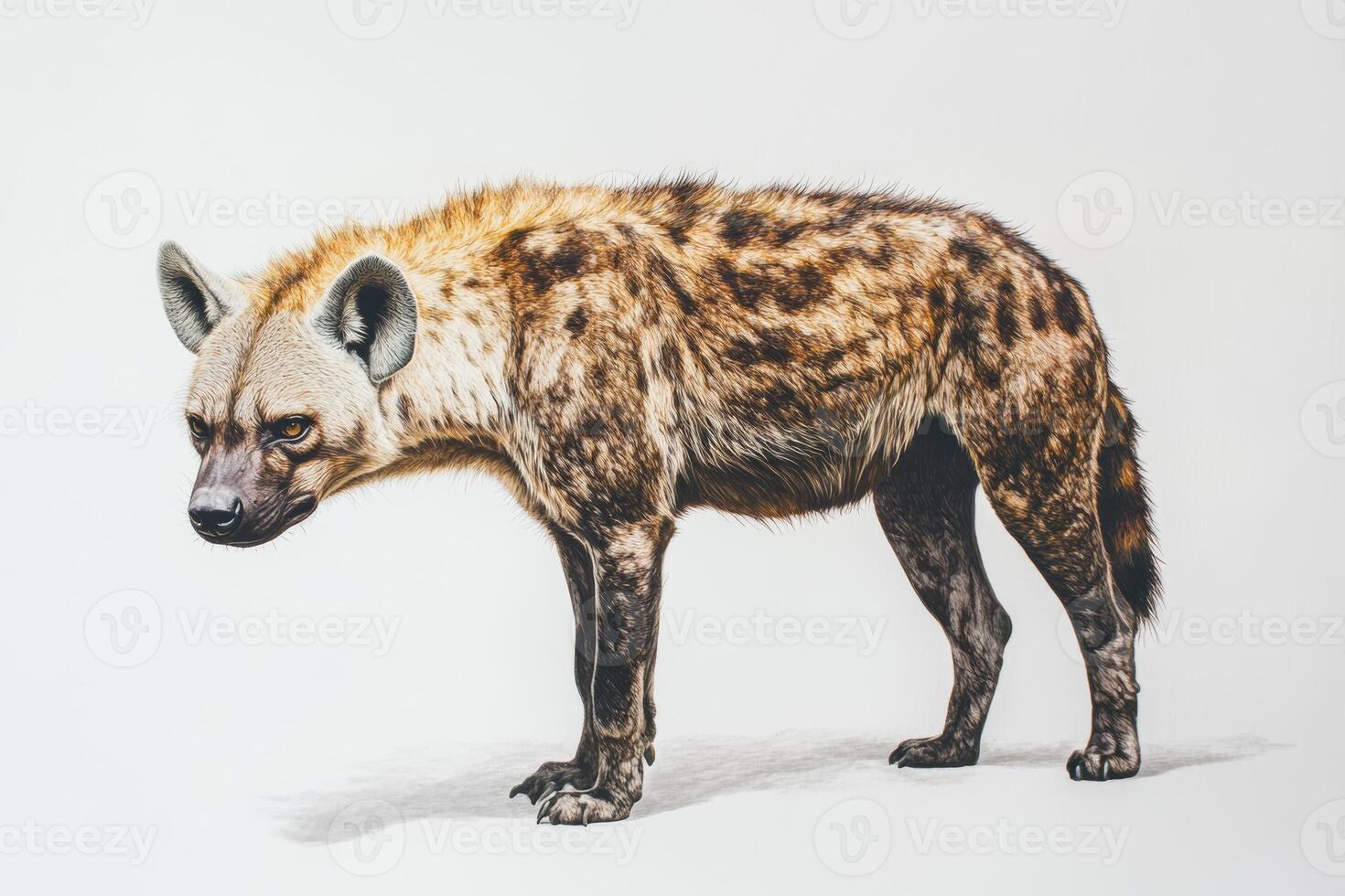 A hyena is standing in front of a white background photo
