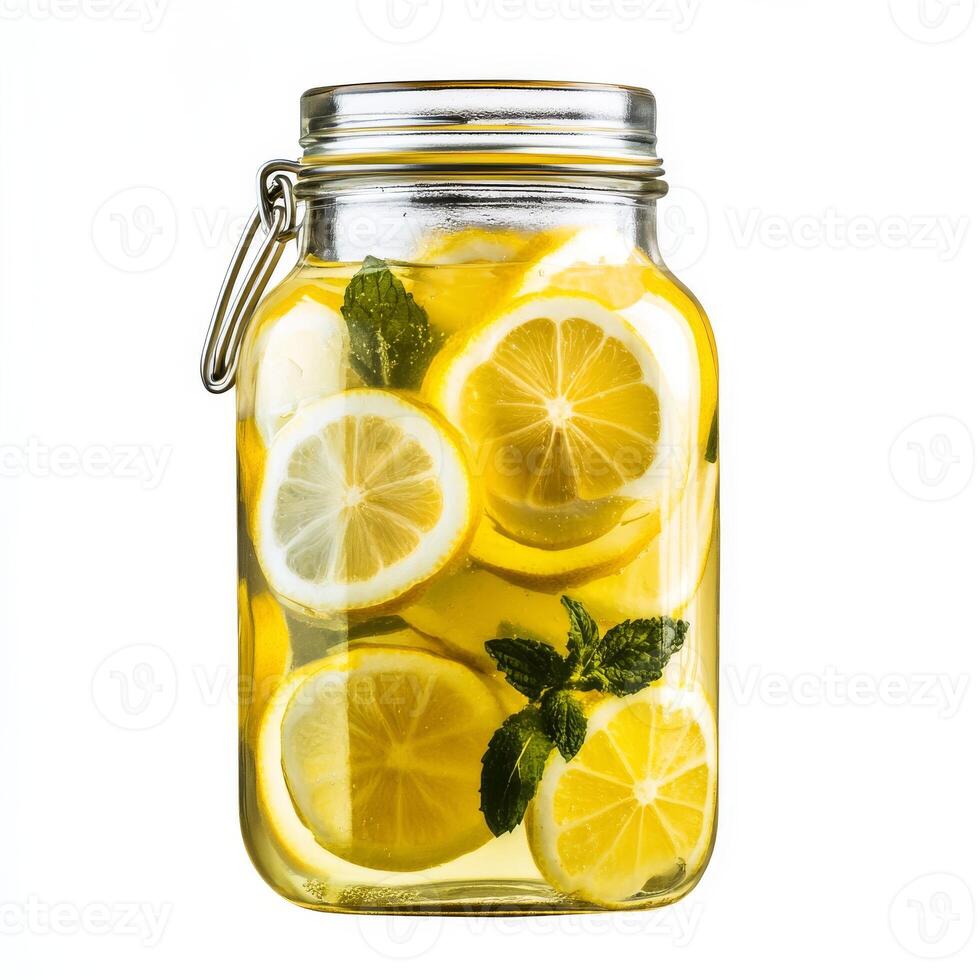 A jar filled with sliced lemons and mint photo