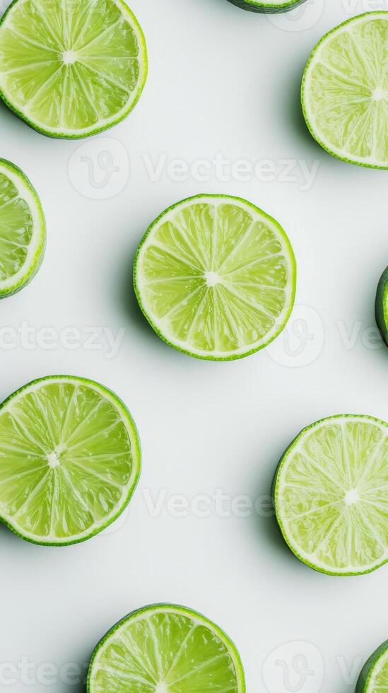 A close up of several lime slices on a white background photo