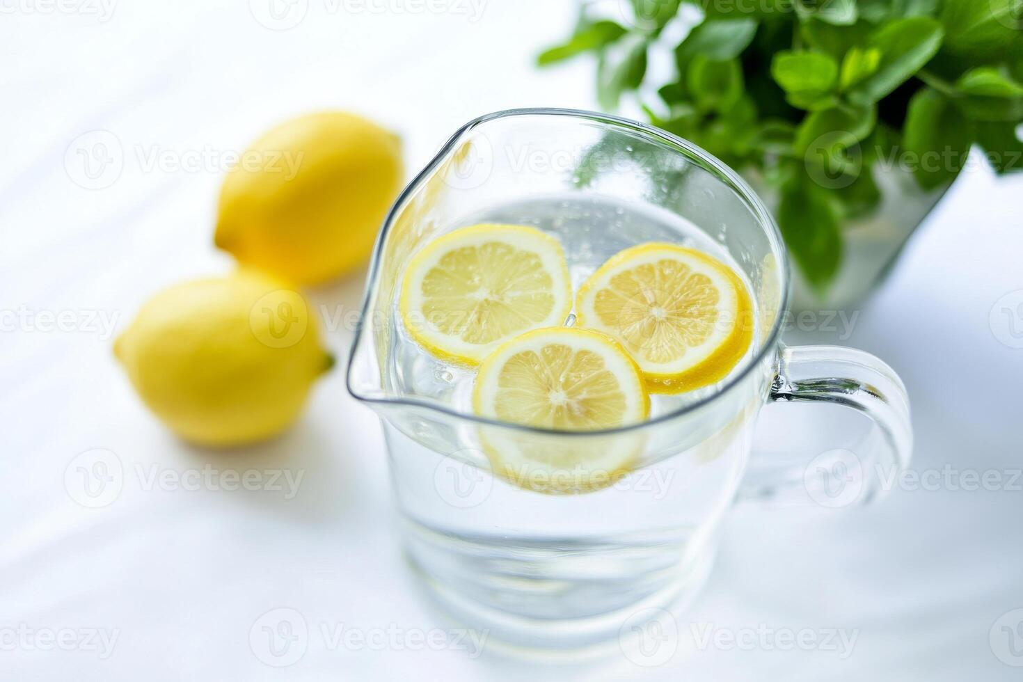 A pitcher of water with three lemons floating in it photo