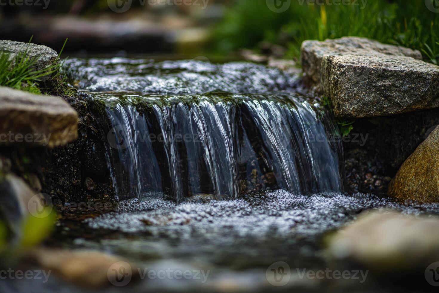 A small stream of water flows over a rock photo