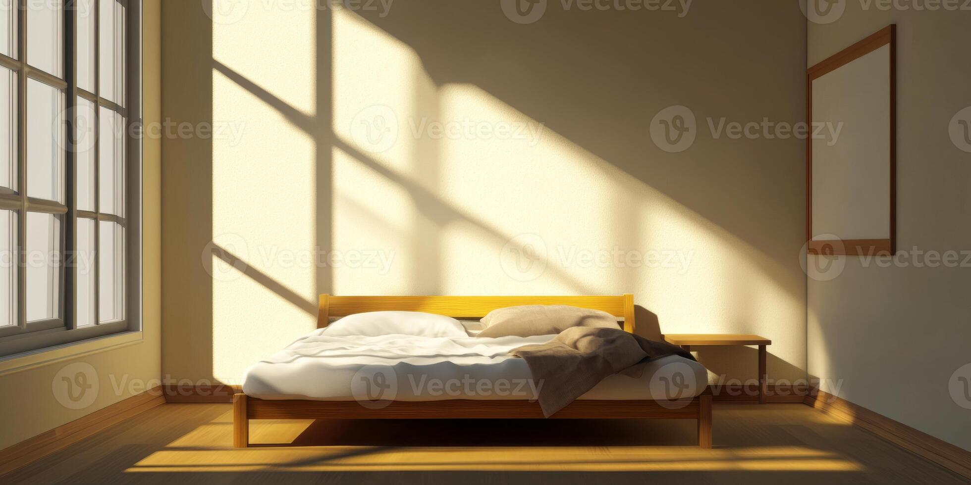 Cozy Minimalist Bedroom with Sunlight Streaming Through Large Windows photo