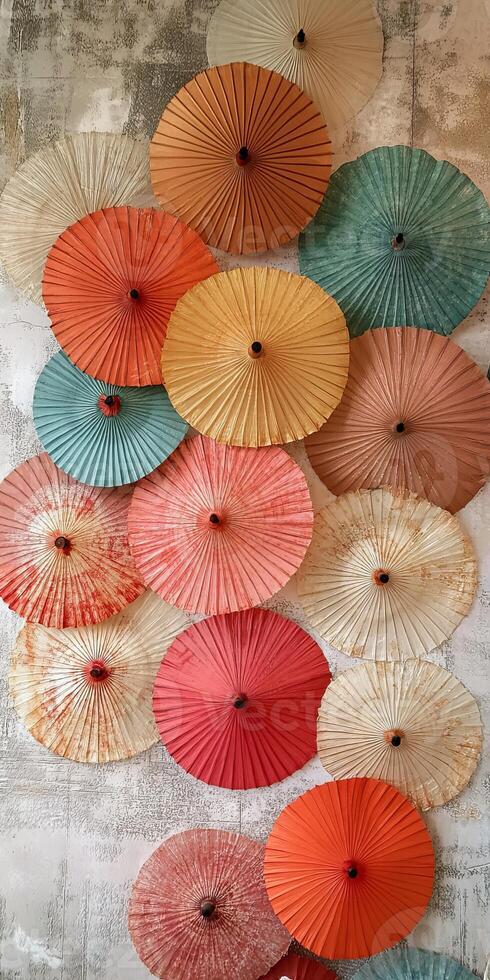 Colorful Array of Traditional Asian Paper Umbrellas Displayed Against a Textured Wall Background photo