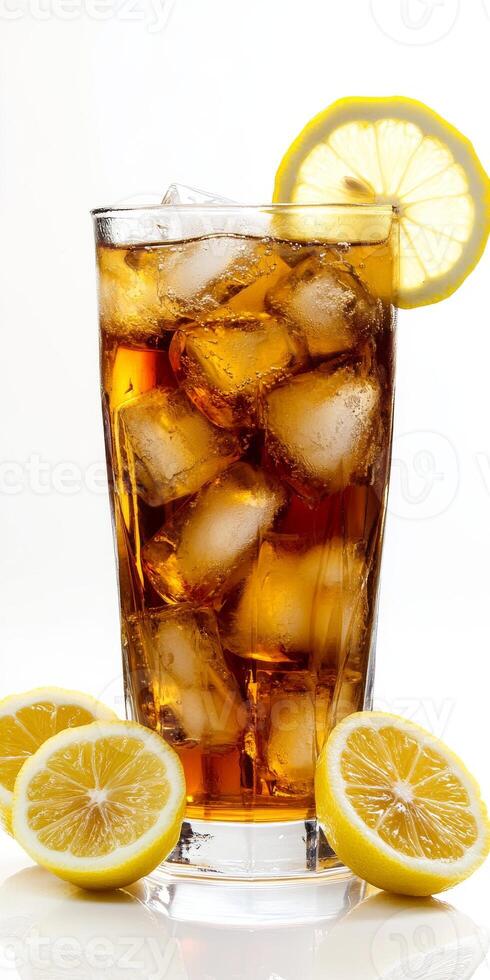 Refreshing iced tea with lemon slices on a plain white background. photo