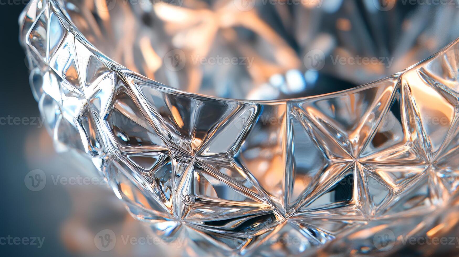 Close-Up of Intricate Crystal Glassware with Geometric Patterns and Warm Reflections in Soft Focus photo