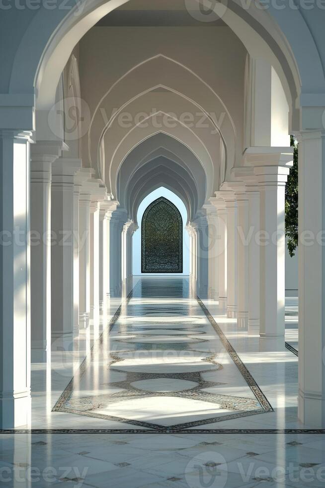 A long hallway with white pillars and a blue archway photo