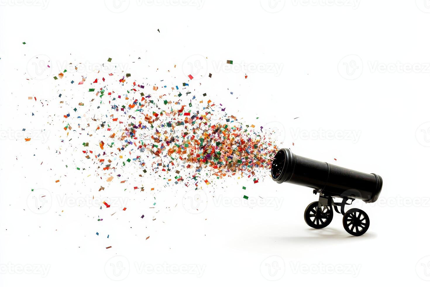 Colorful Confetti Explosion from a Black Cannon on White Background photo