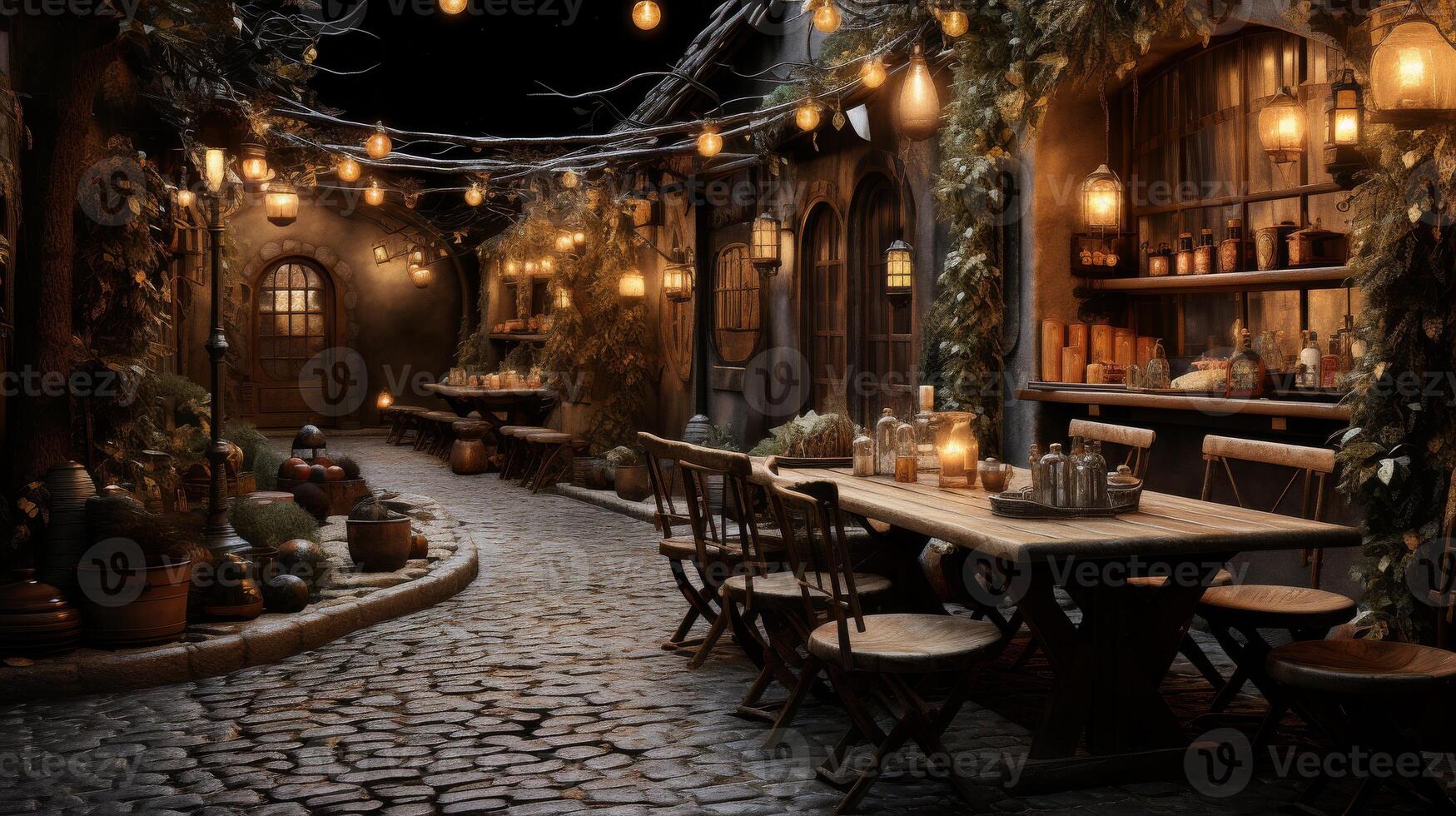 A dark alleyway with a restaurant in the middle photo