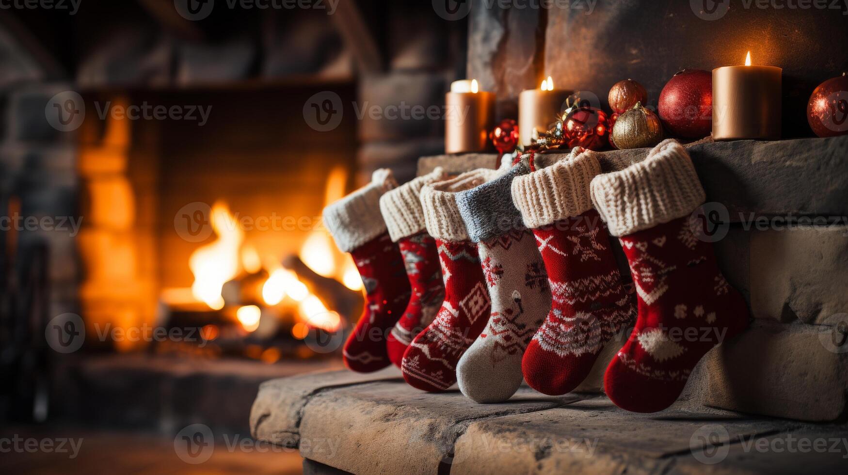 A row of red and white Christmas stockings are lined up next to a fireplace photo