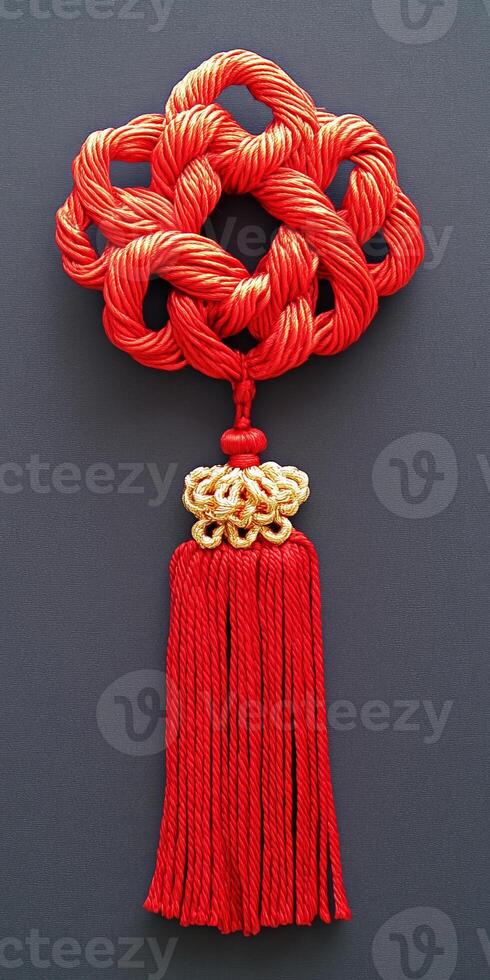 A red and gold tassel hangs from a red and gold ornament photo