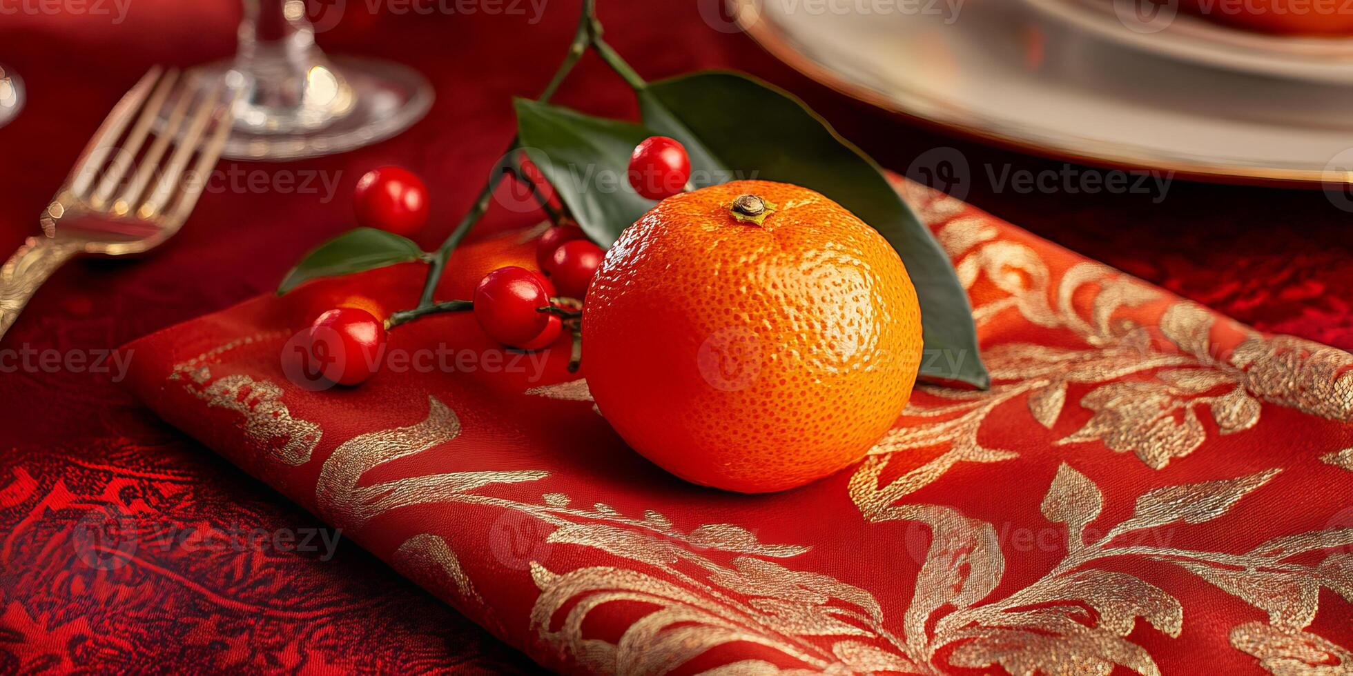 A small orange sits on a red cloth with a leaf on top photo