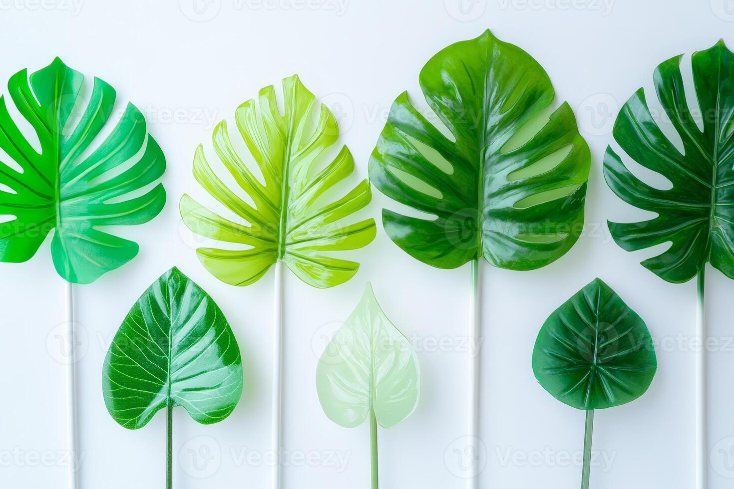 Vibrant Green Tropical Leaves Arranged in a Row on a Minimalist White Background photo