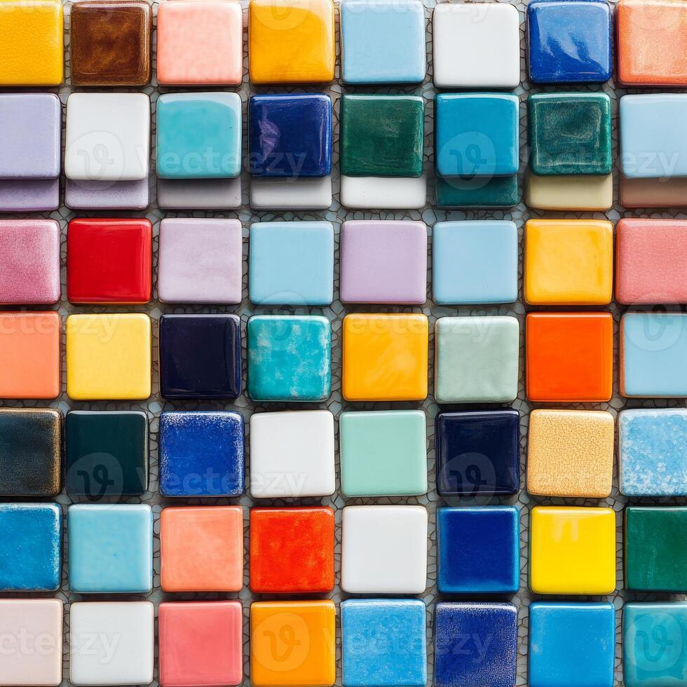 Colorful Mosaic Tiles in Various Shades and Textures Arranged in a Grid Pattern photo