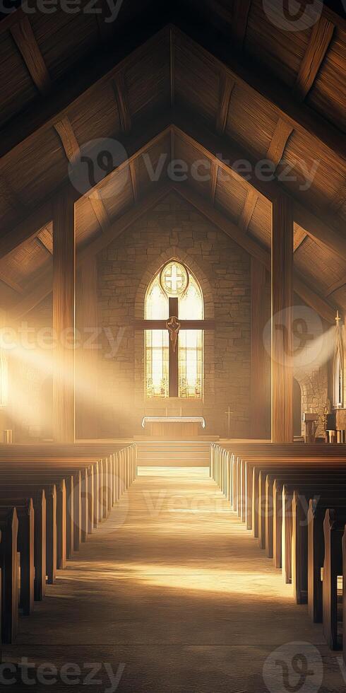 Sunlight Streaming Through Stained Glass Windows in a Serene Wooden Church Interior photo