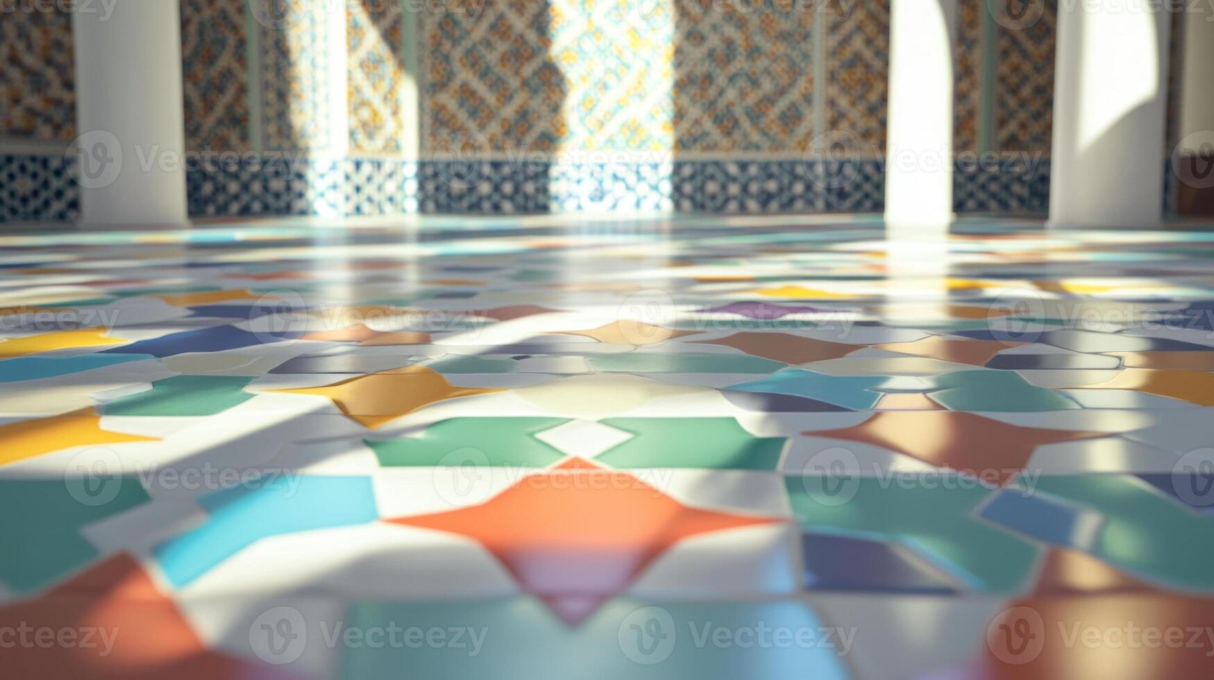 A colorful mosaic tile floor with a white base photo