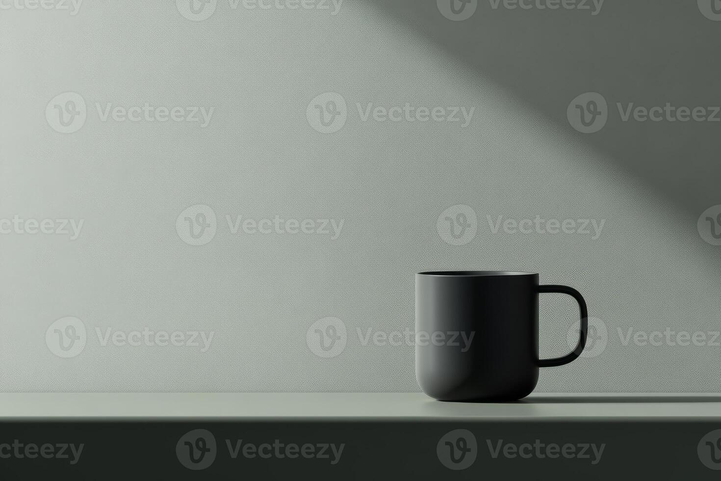 A black coffee cup is sitting on a shelf photo