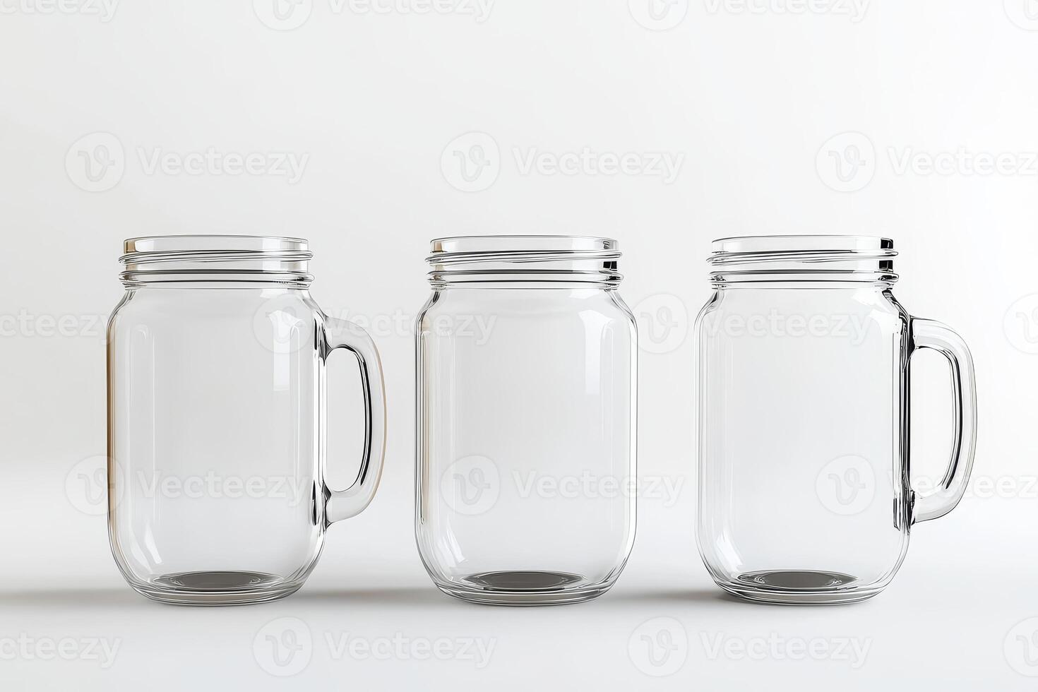Three Transparent Glass Mason Jars with Handles on a White Background photo