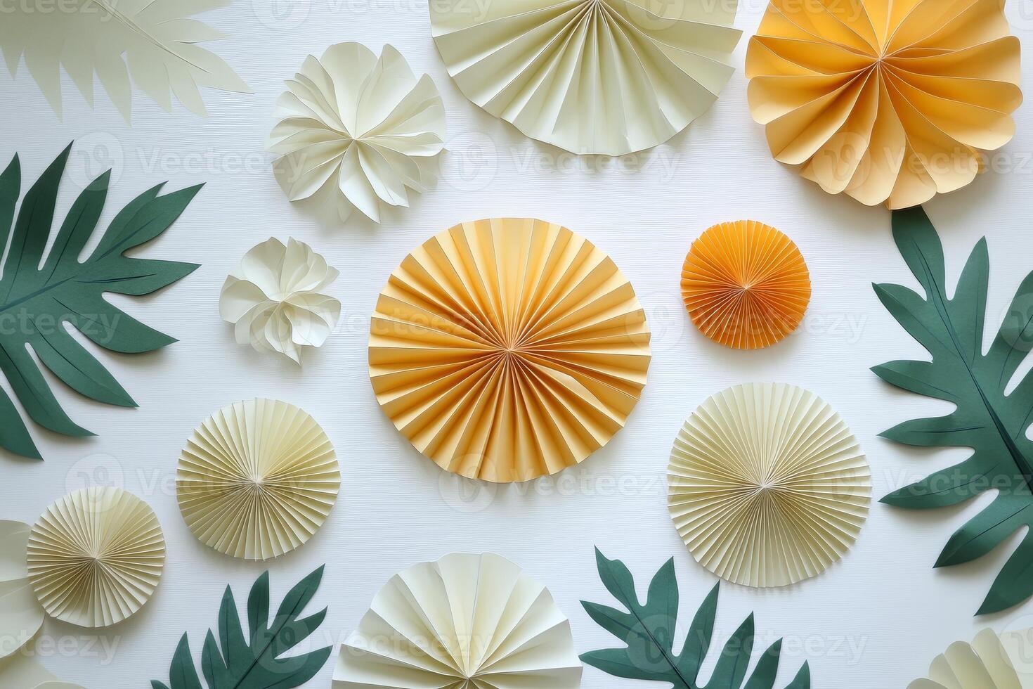 Colorful Paper Art Composition with Circular Patterns and Leaf Shapes on a White Background photo