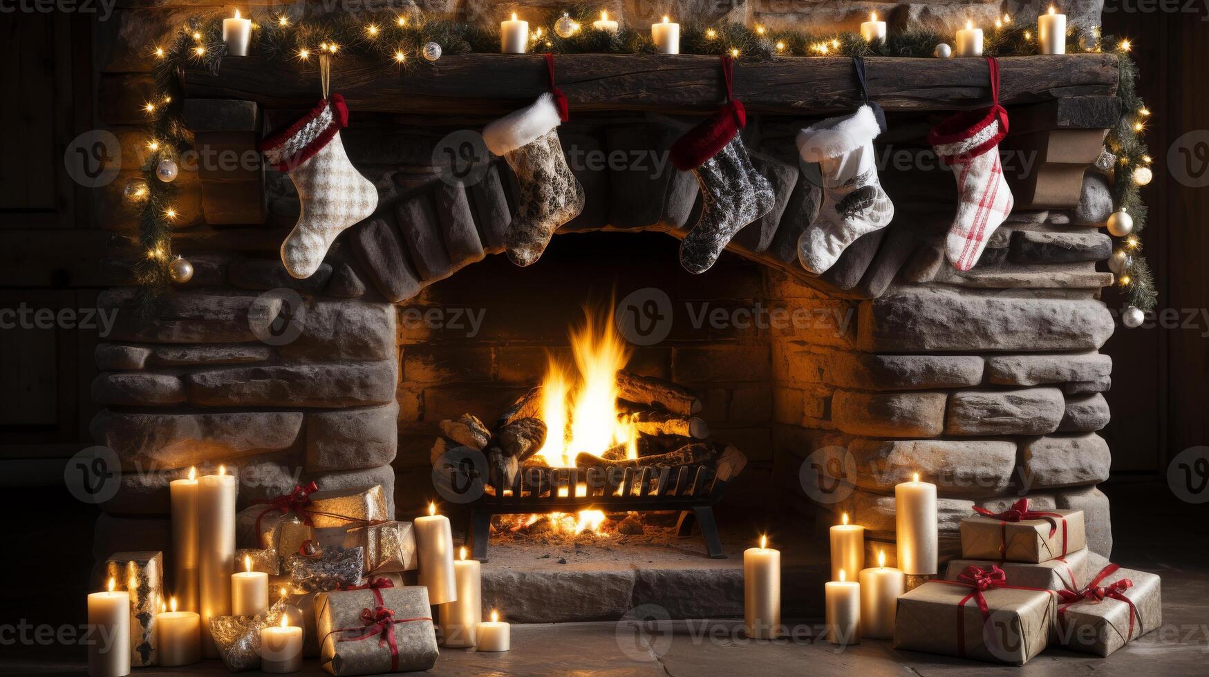 A fireplace with a mantle decorated with Christmas stockings and candles photo