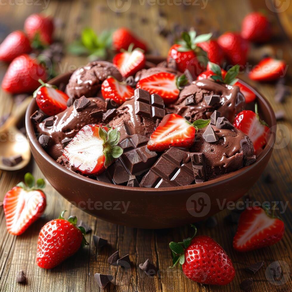 Chocolate ice cream topped with strawberries and chocolate pieces photo