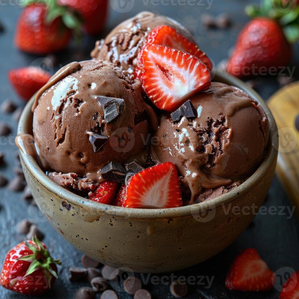 Close-up of a bowl of chocolate ice cream topped with strawberries and chocolate chips photo