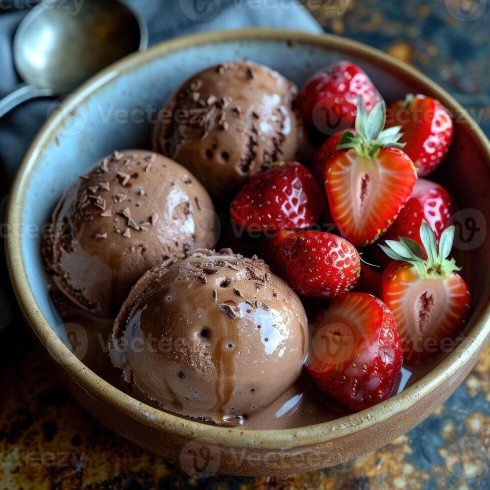 A bowl of chocolate ice cream topped with fresh strawberries photo