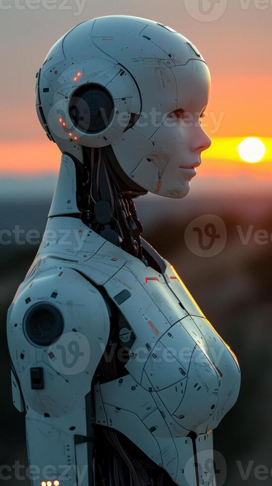 An android stands against a sunset, looking introspectively towards the horizon photo