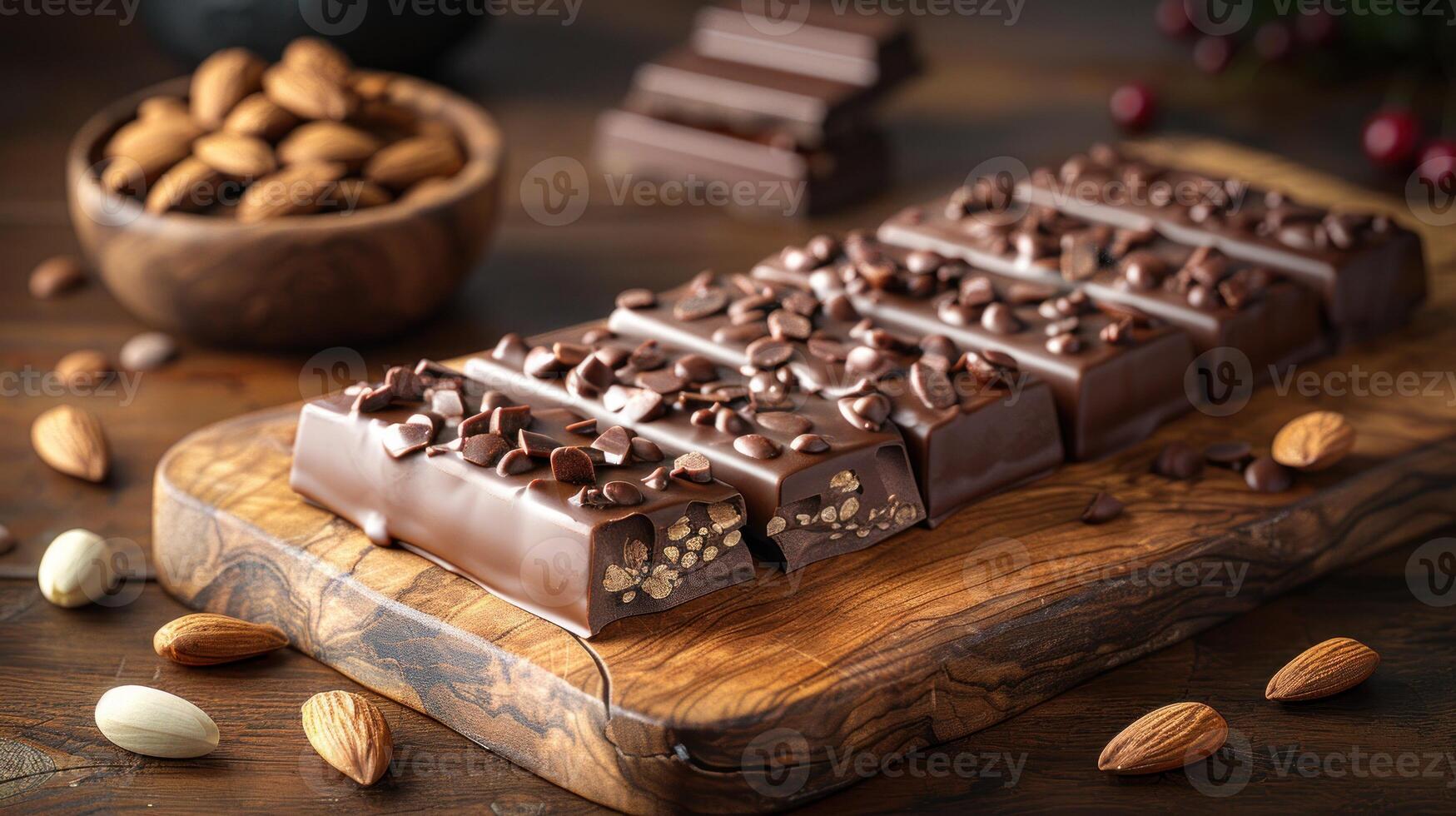 Close-up of chocolate bars with almonds on a wooden cutting board photo
