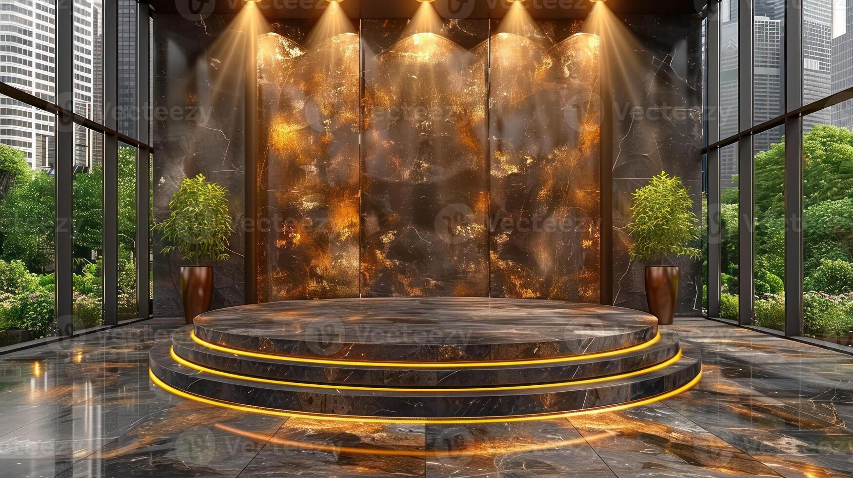 A circular marble stage with glowing accents illuminated by spotlights photo