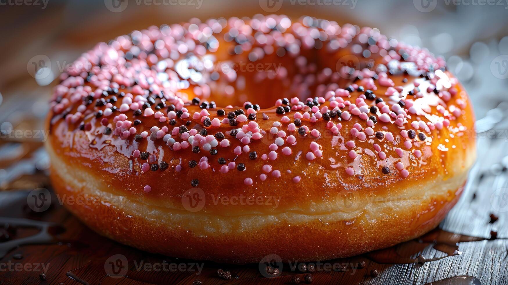 Close-up of a single glazed donut with pink and brown sprinkles photo