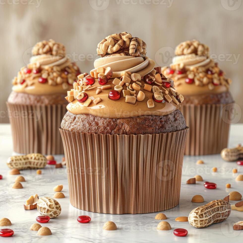 Close-up of three peanut butter cupcakes with pecans and red sprinkles photo