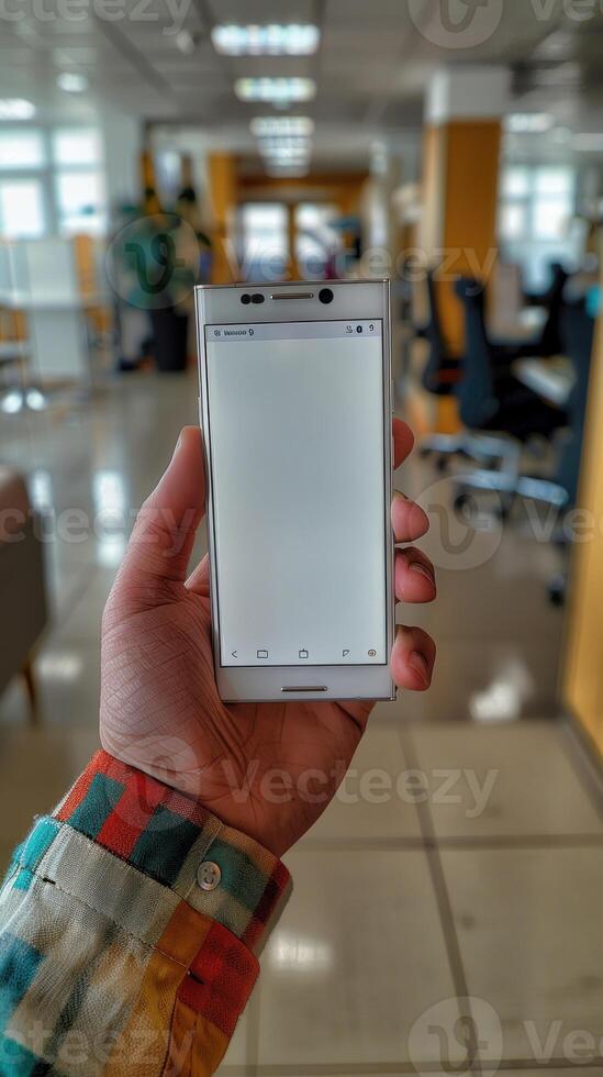A hand holds a white smartphone with a blank screen photo