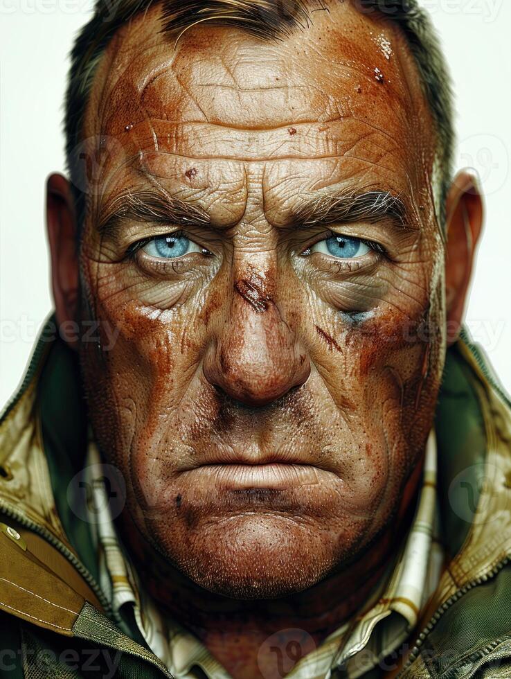 A close-up portrait of a man with a weathered face, scars, and a determined look photo