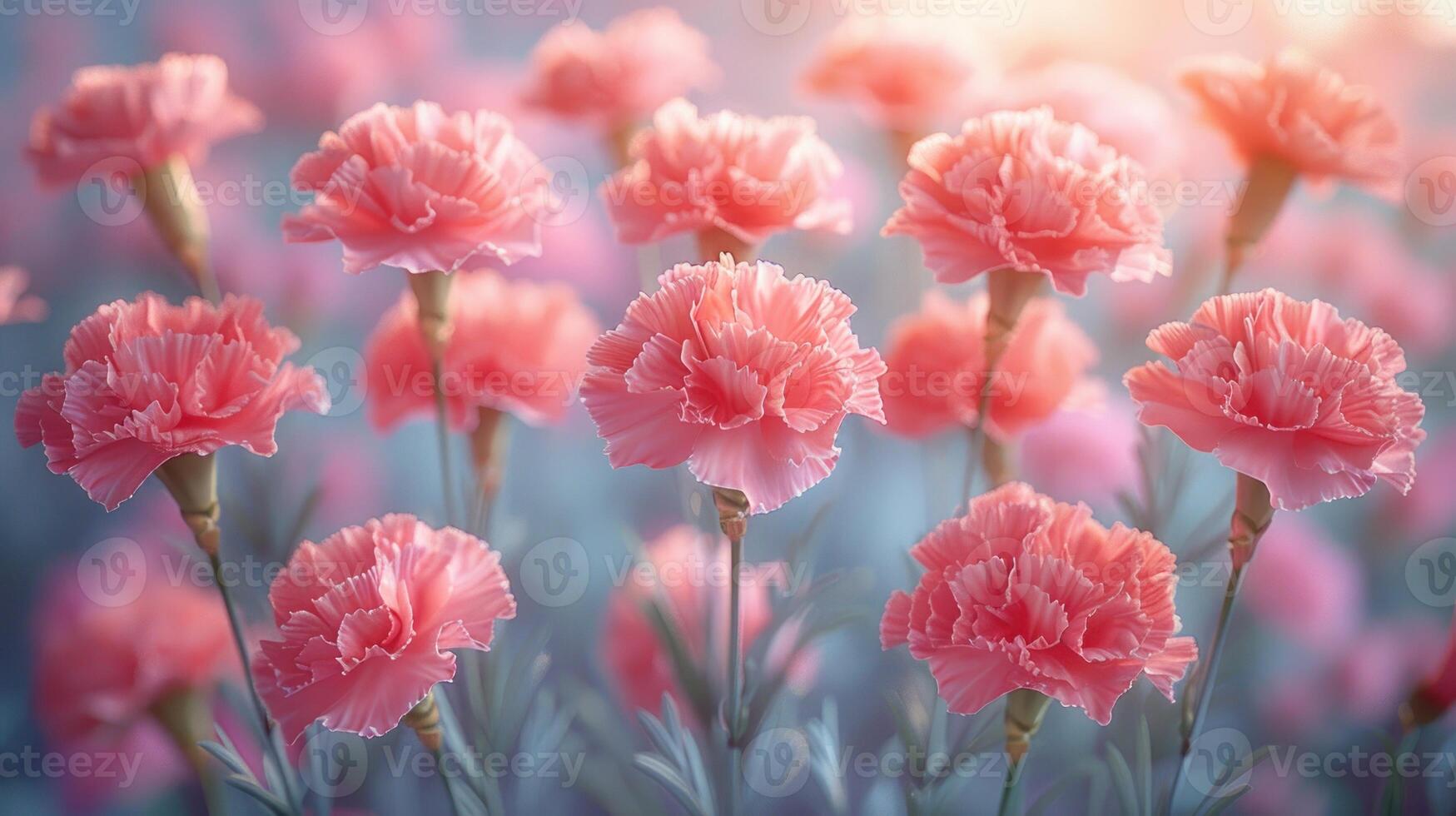 A close-up shot of pink carnations in a garden bathed in warm sunlight photo