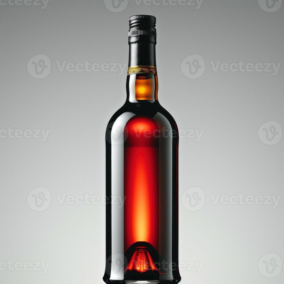 A single bottle of dark liquid with a golden band, standing against a gray background photo