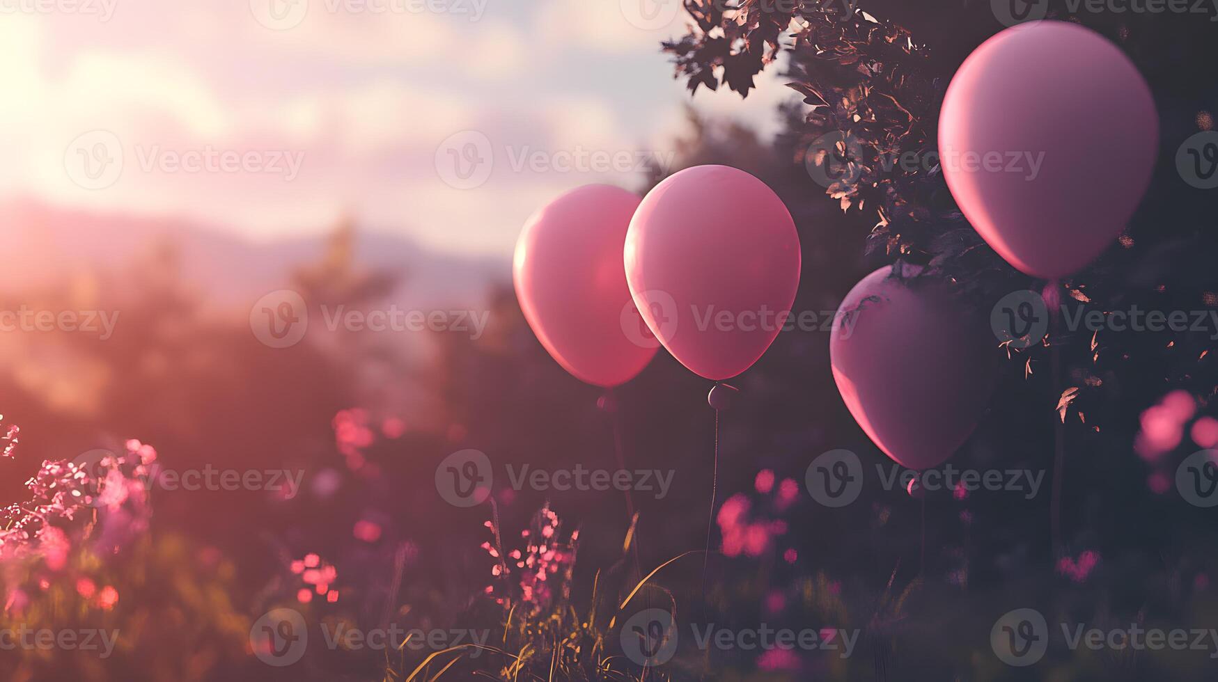 Pink balloons are hanging from a tree photo
