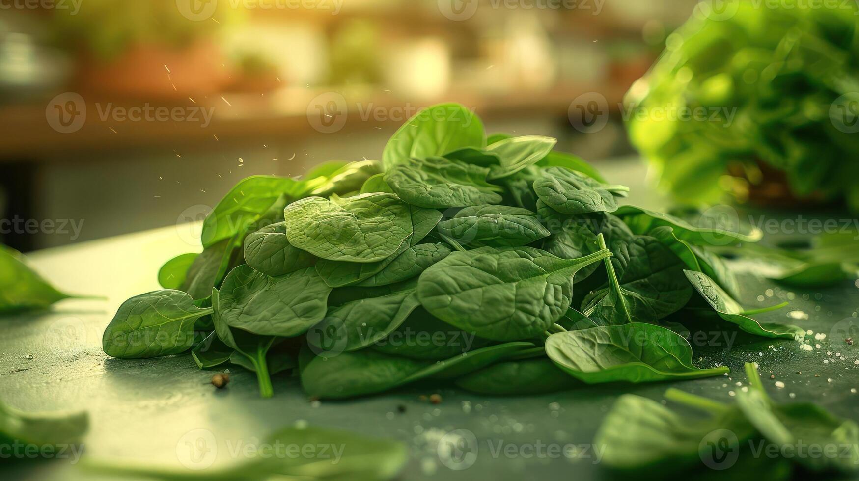 arafed spinach leaves on a table with a knife and a bowl of lettuce photo