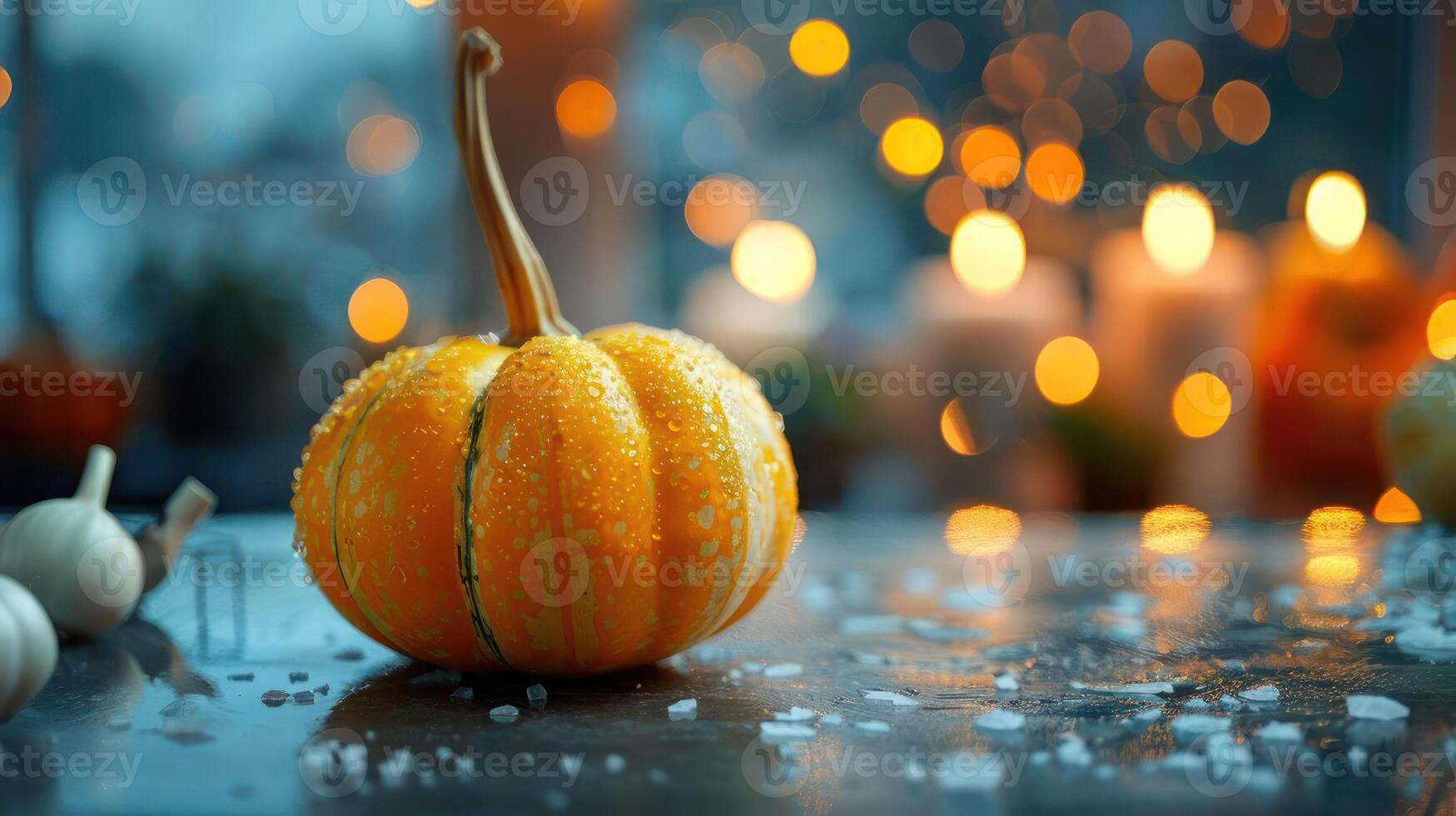 a small pumpkin sitting on a table with candles in the background photo