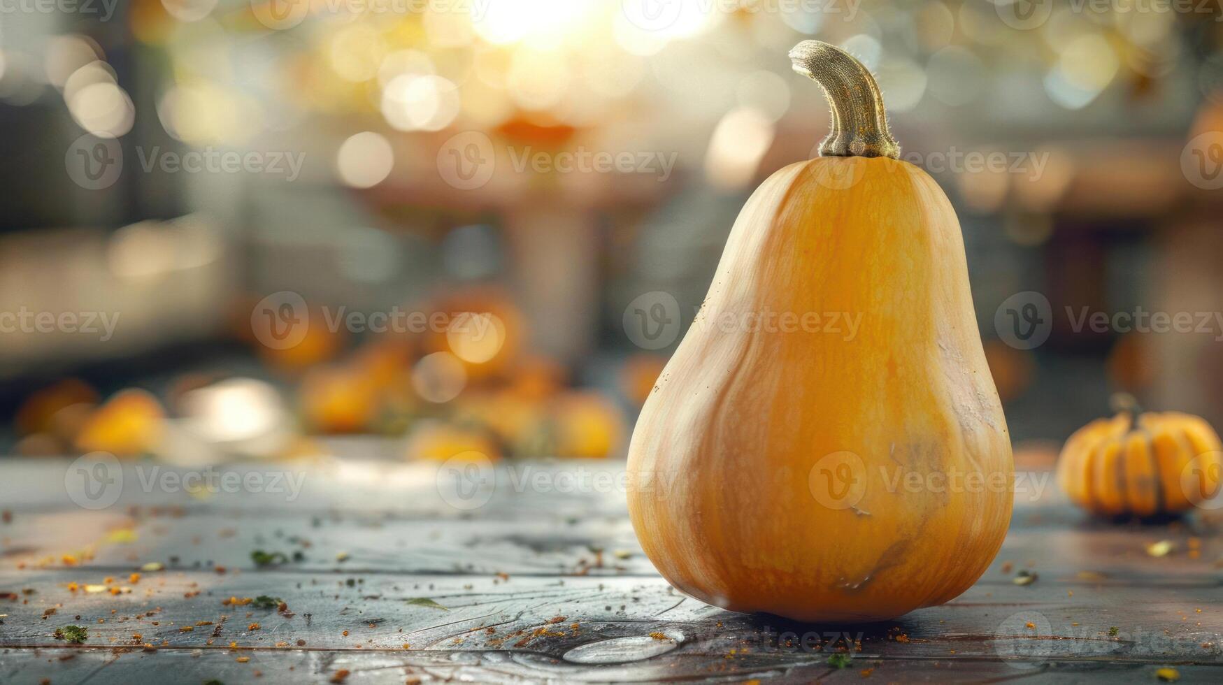 a yellow squash sitting on a table with other small pumpkins photo