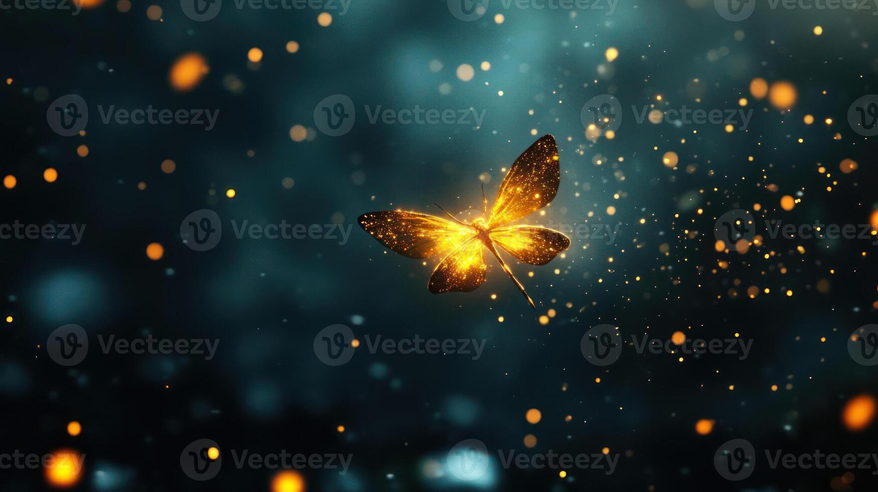 A butterfly is flying in the dark with fireflies. photo