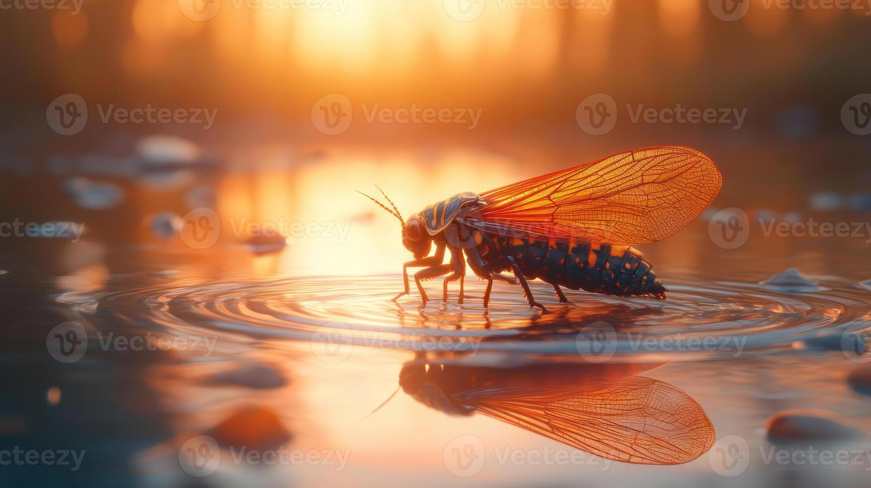 Cicada standing on the water with reflection photo