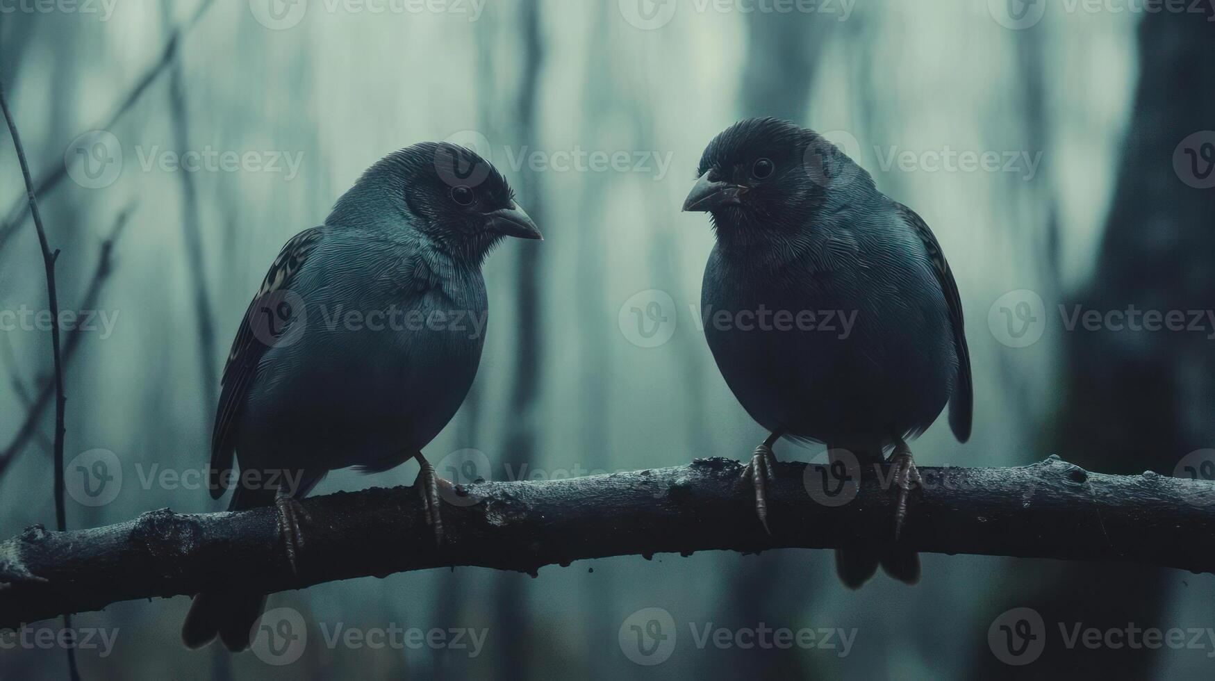 Two birds sitting on a branch in a forest. photo