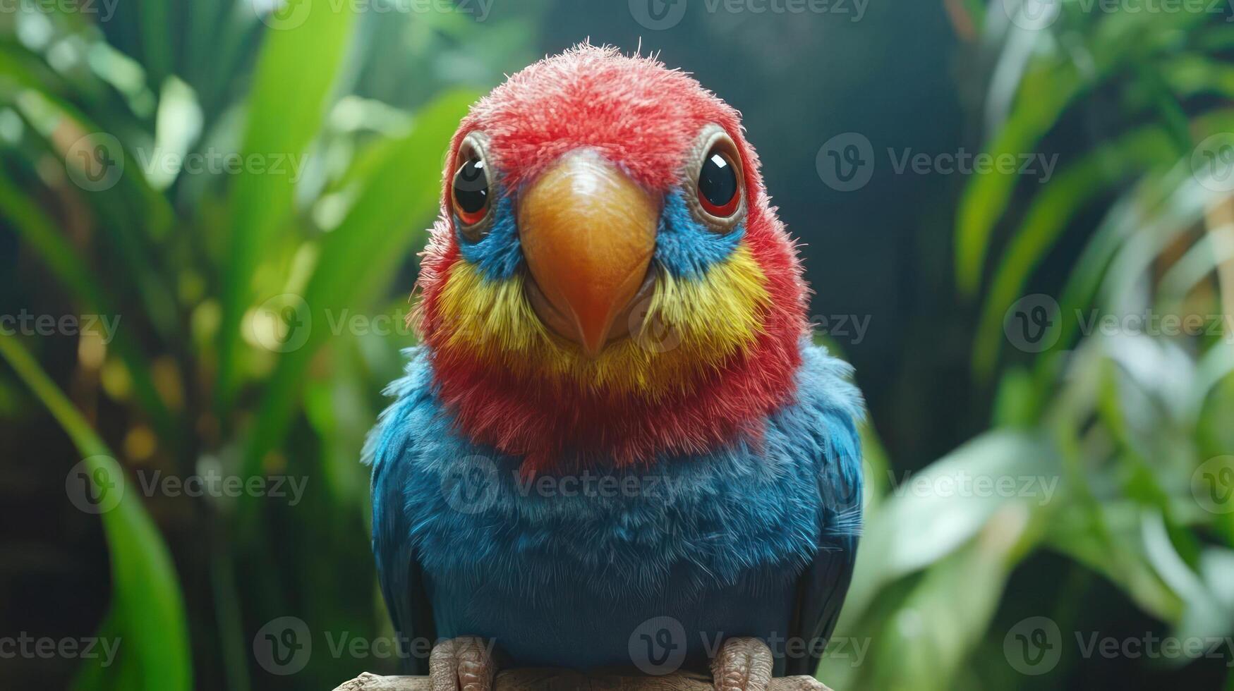 A colorful parrot sits on a branch in a lush green forest. photo