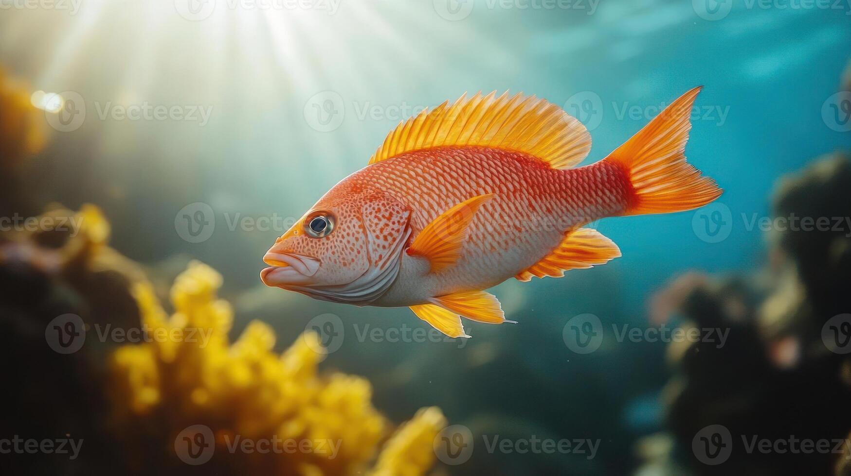 A red snapper swims in the ocean with a bright sunburst in the background. photo