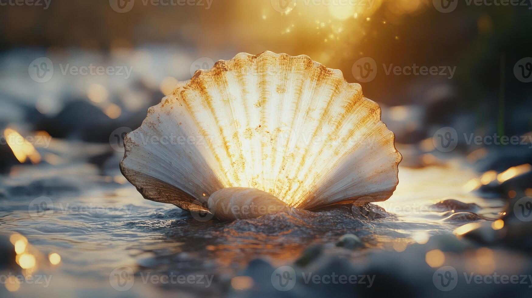 A shell is lying on the beach at sunset. photo