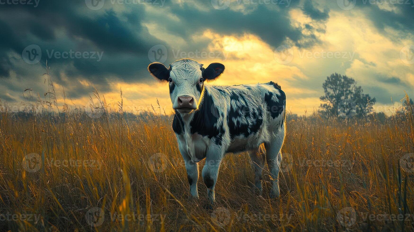 A cow stands in a field at sunset. photo